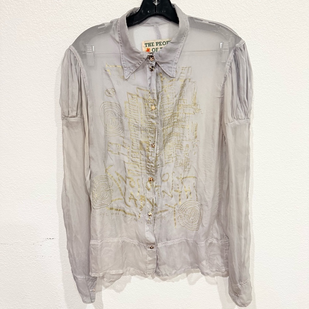 The People Of The Labyrinths 100% Silk Button Down Long Sleeve Sheer Blouse